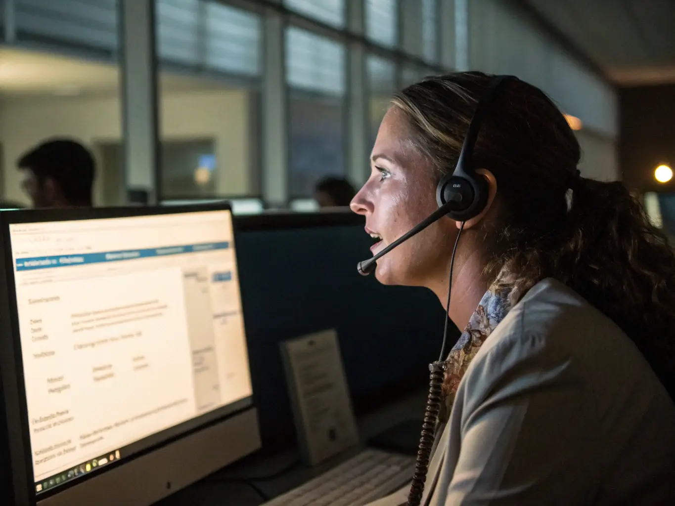 A professional customer service representative assisting a customer over the phone in a modern virtual call center environment, showcasing inbound call services.
