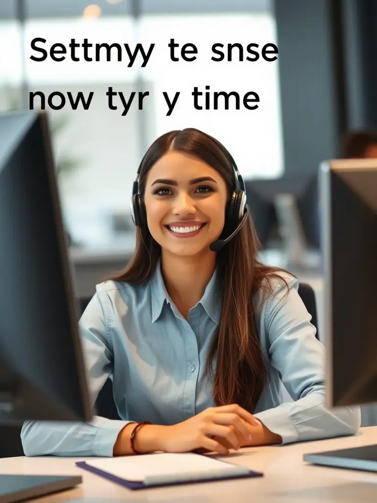 A professional customer service representative smiling while assisting a customer over the phone, showcasing excellent communication skills and a friendly demeanor in a modern office setting.