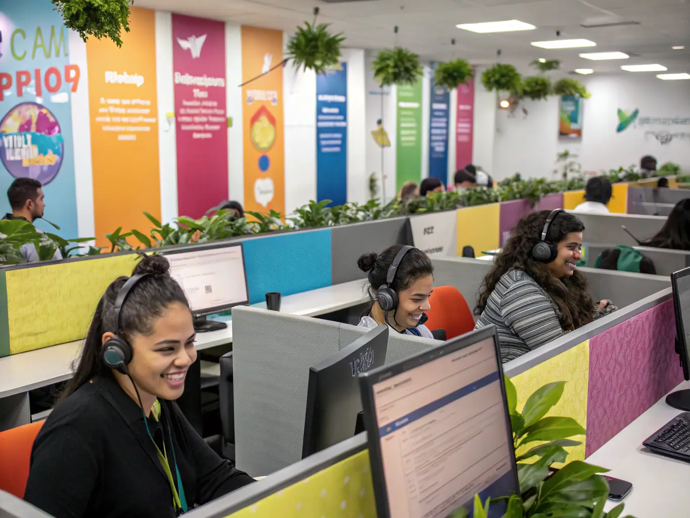 A team of customer service agents making outbound calls in a well-organized virtual call center, emphasizing proactive customer outreach.