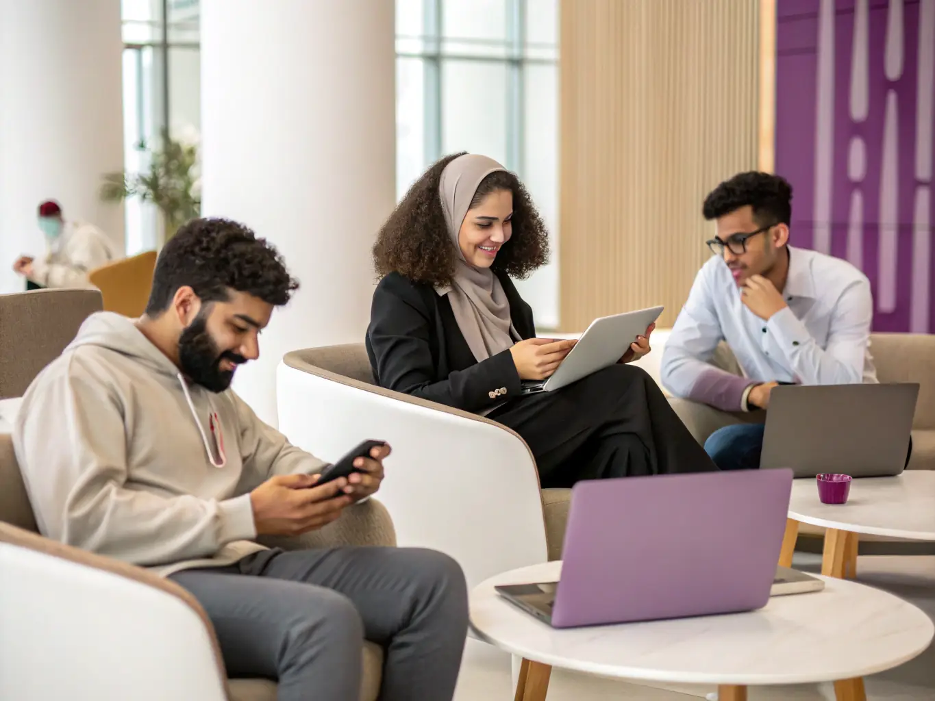 A diverse group of people from different cultures interacting with a website that has been localized for their specific region.