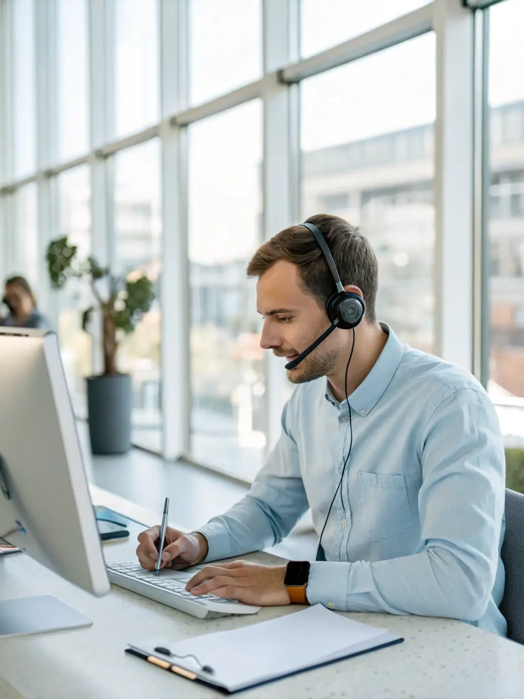 A close-up shot of a customer service agent efficiently resolving a customer's issue on a computer, highlighting the use of advanced technology and problem-solving skills.