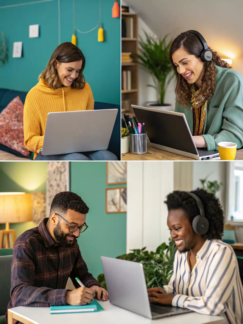 A diverse team of remote customer service agents working from their home offices, collaborating seamlessly through a virtual platform, illustrating the flexibility and scalability of Skybridge CX.