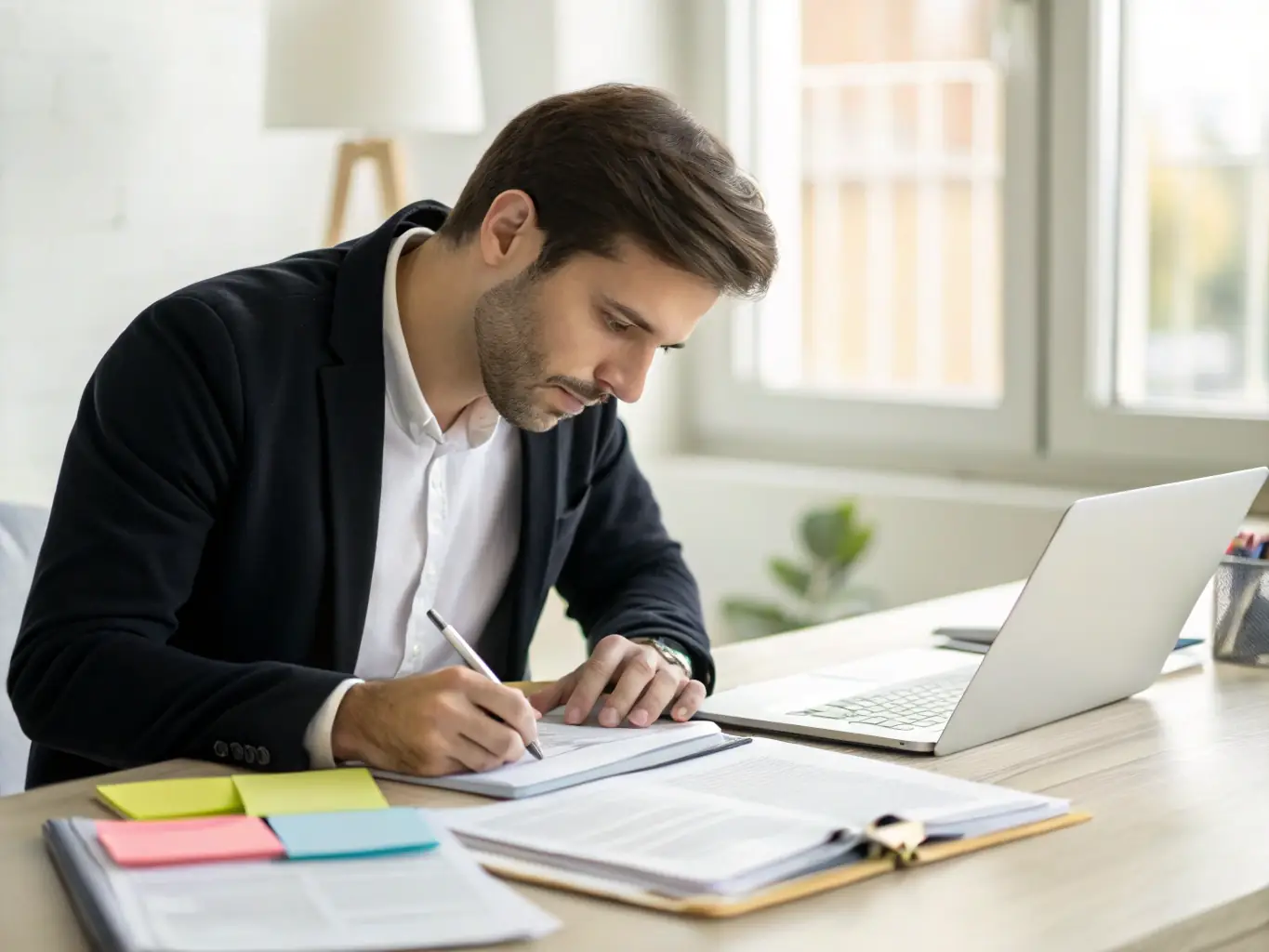 An image showing a professional translator working on a document with language icons around.