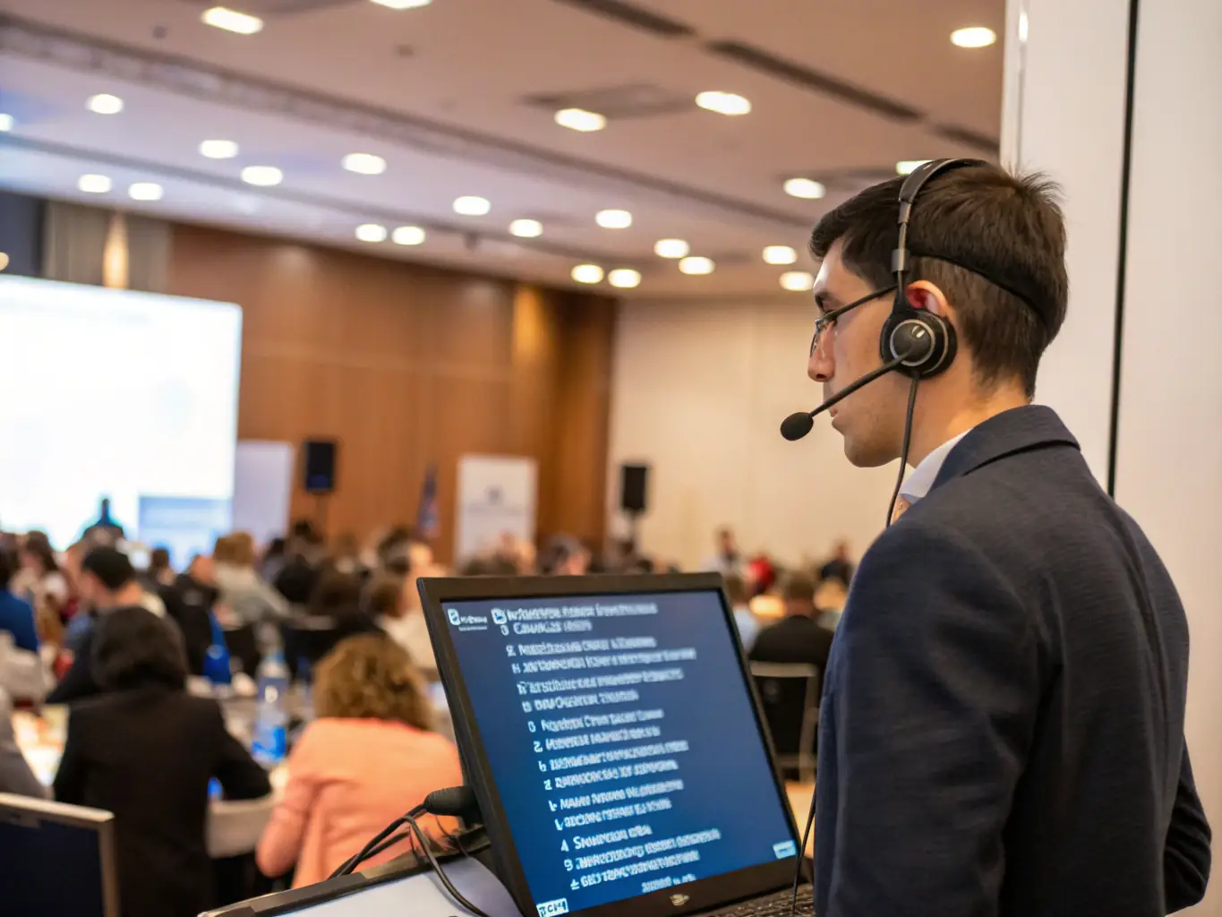 An image of a professional interpreter speaking into a microphone during a conference.
