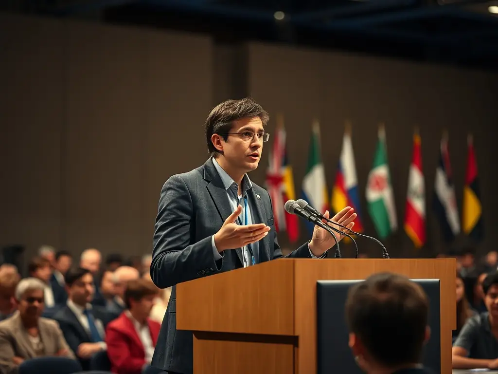 Two interpreters facilitating a conversation between individuals who speak different languages at an international business conference.