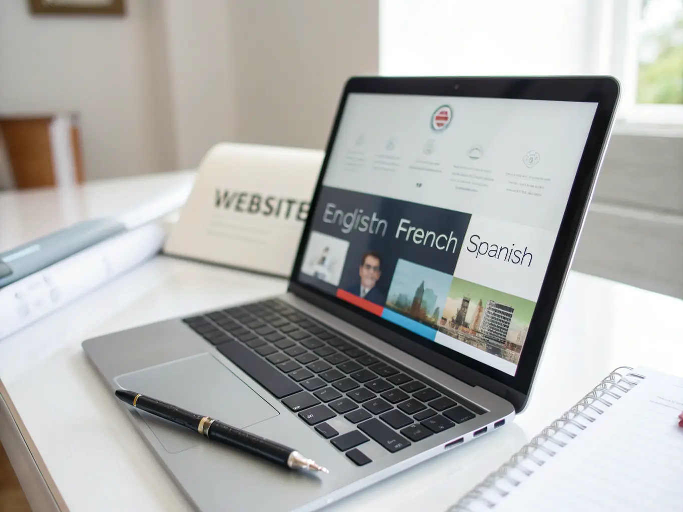 An image of a multilingual website interface on a computer screen with flags representing different countries.